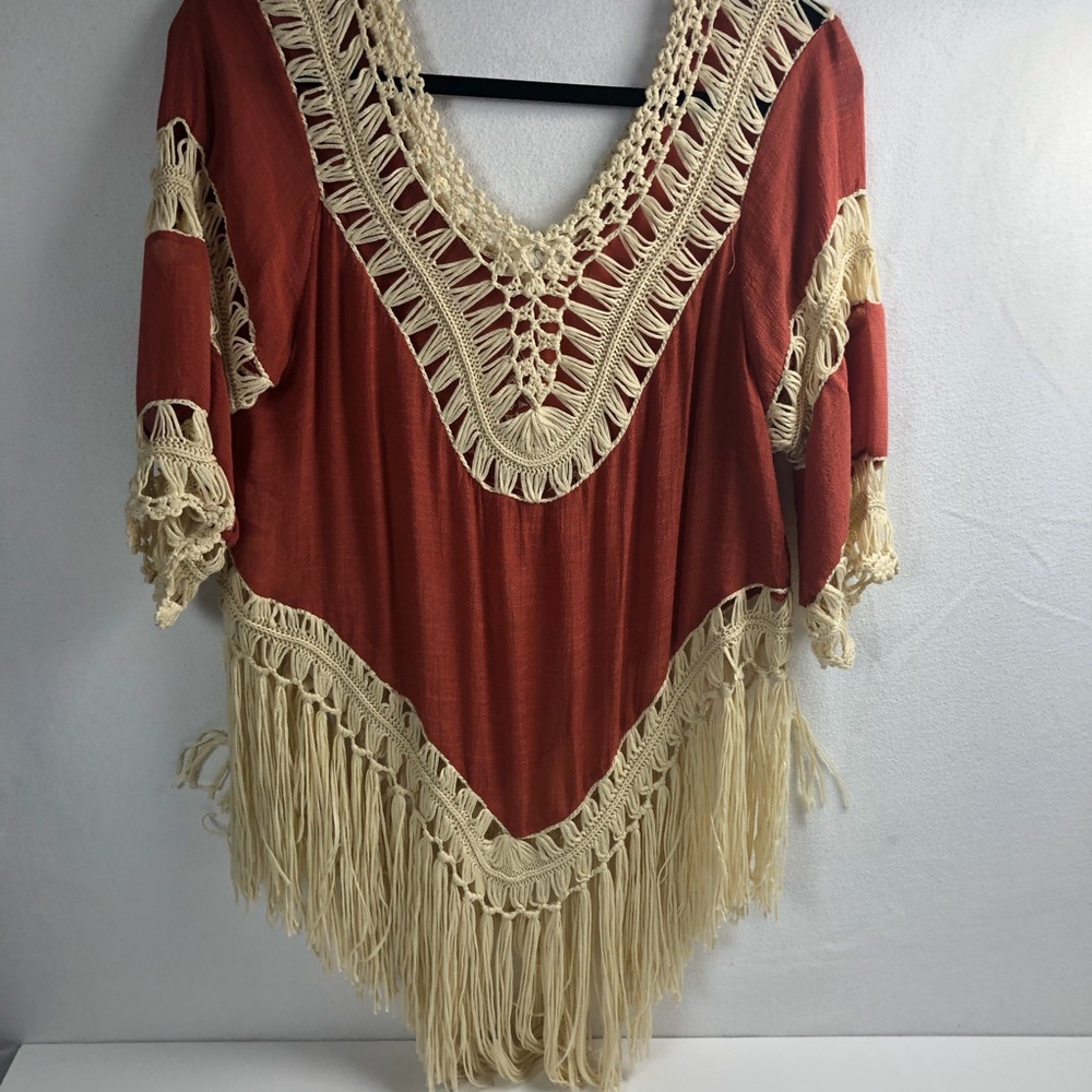 Love Anthropologie Women's Peasant Top Size M Burnt Orange Cream Crochet Fringe - Picture 7 of 8